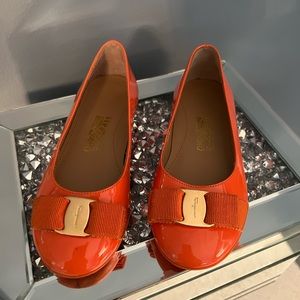 Salvatore Ferragamo girls orange patent leather shoes